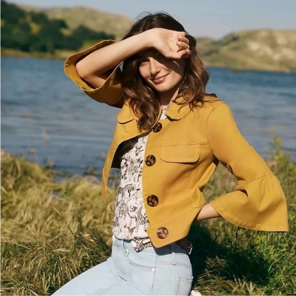 Anthropologie Nora Flounce-Sleeved Trucker Jacket in Mustard - Picture 5 of 9